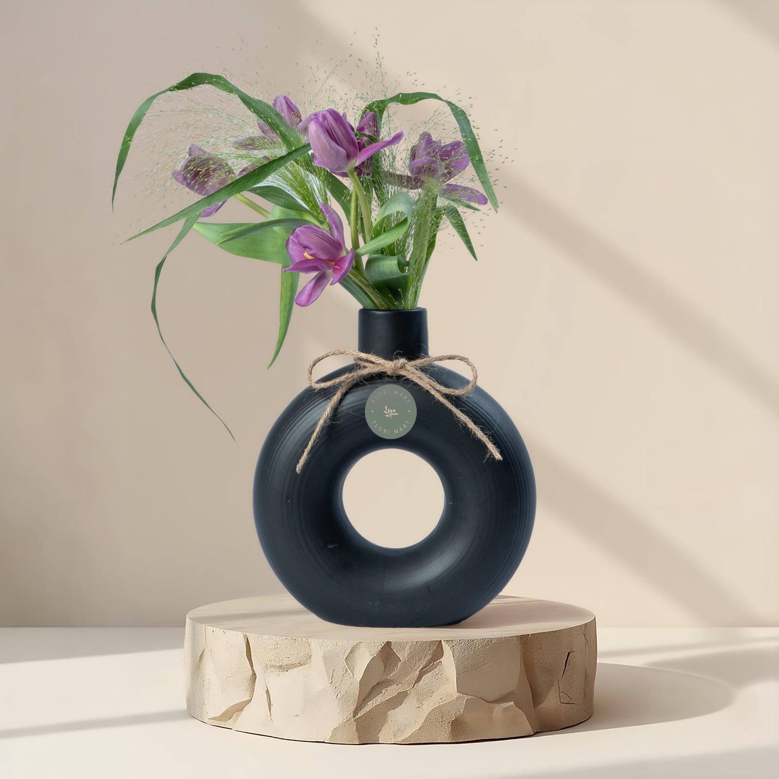 Purple Tulip Arrangement in Modern Black Vase | Elegant Artistic Floral Bouquet