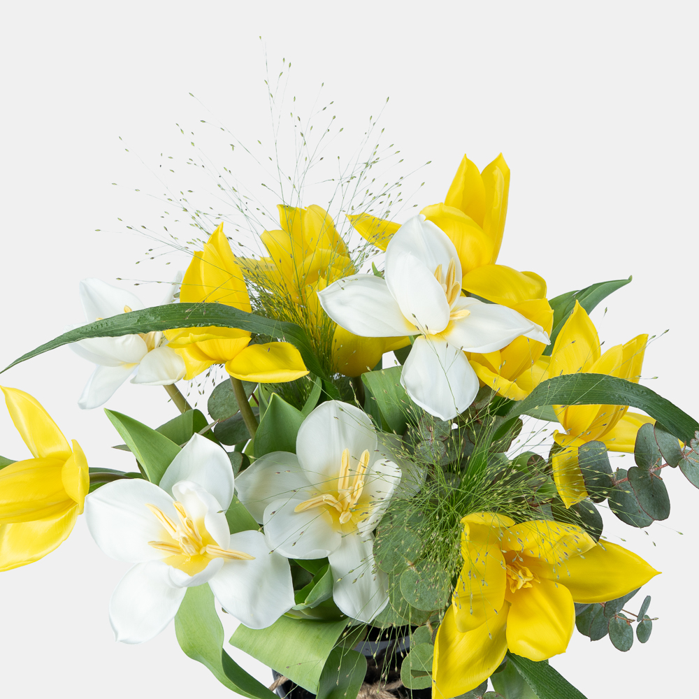 Golden Lily & White Tulip Arrangement in Black Vase | Luxury Flower Arrangement | Flori Mart Qatar 2