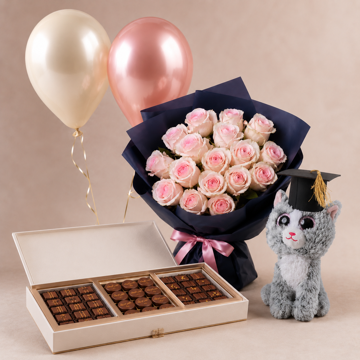 Luxury Pink Rose Bouquet with Chocolate Box & Ty Kiki Grey Cat Graduation Gift