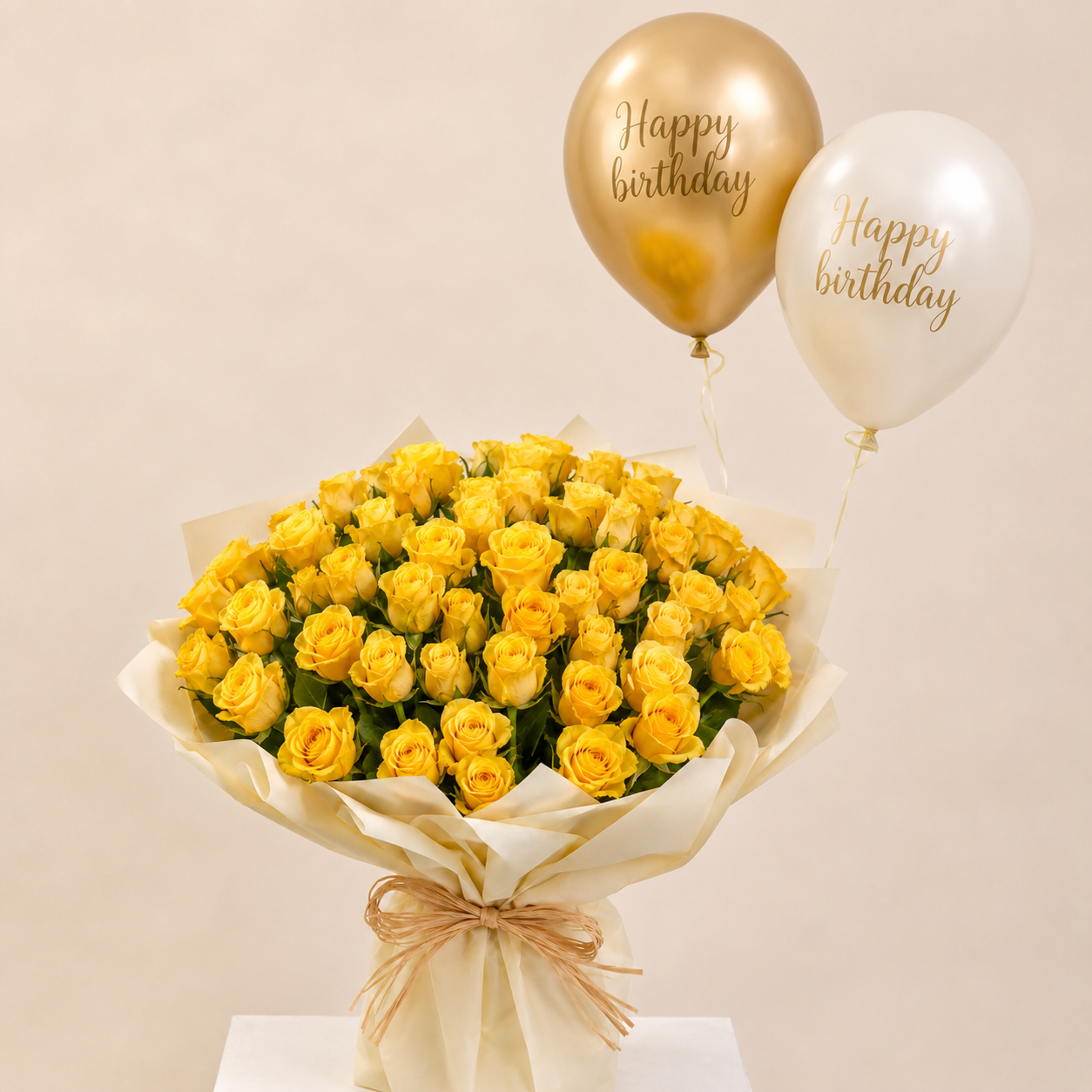 Luxury Yellow Rose Birthday Bouquet with Helium Balloons