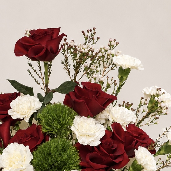Luxury Red Rose & White Carnation Arrangement | Premium Fresh Flower Vase for Gifts & Special Occasions | Flori Mart Qatar 6