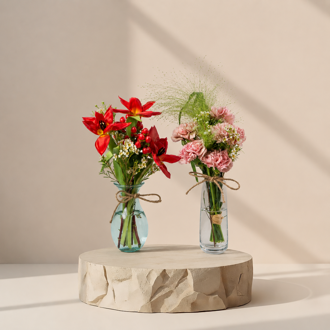 Dual Floral Vase Set | Red Tulips & Blush Carnations Arrangement | Flori Mart Qatar