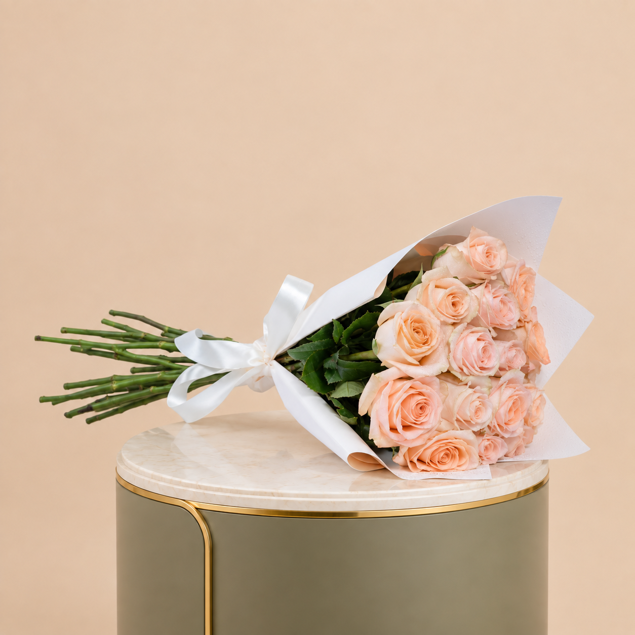 Peach Rose Bouquet with White Wrap | 15 Roses 2
