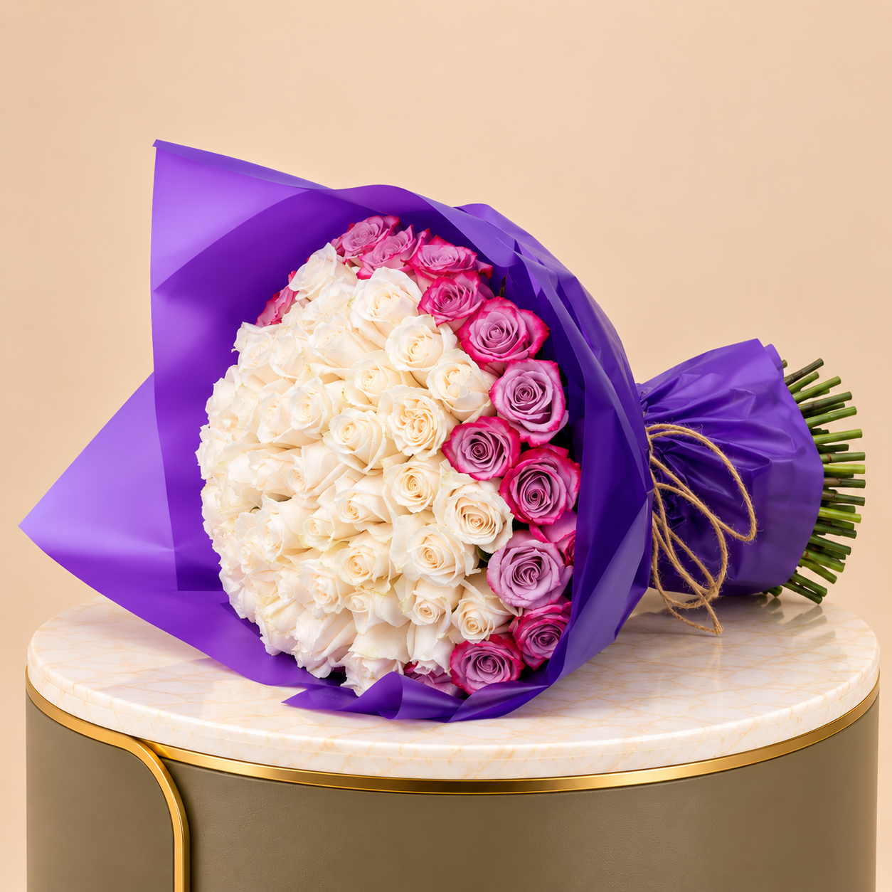 White & Pink Rose Bouquet with Purple Wrap | 100 Roses 2