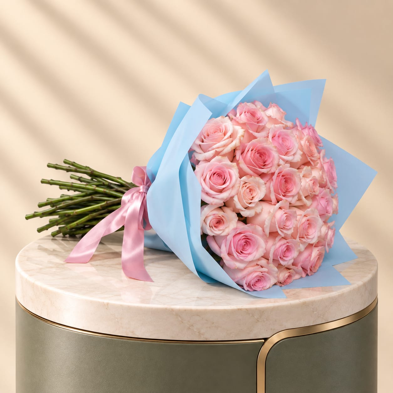 Pink Rose Bouquet with Blue Wrapping