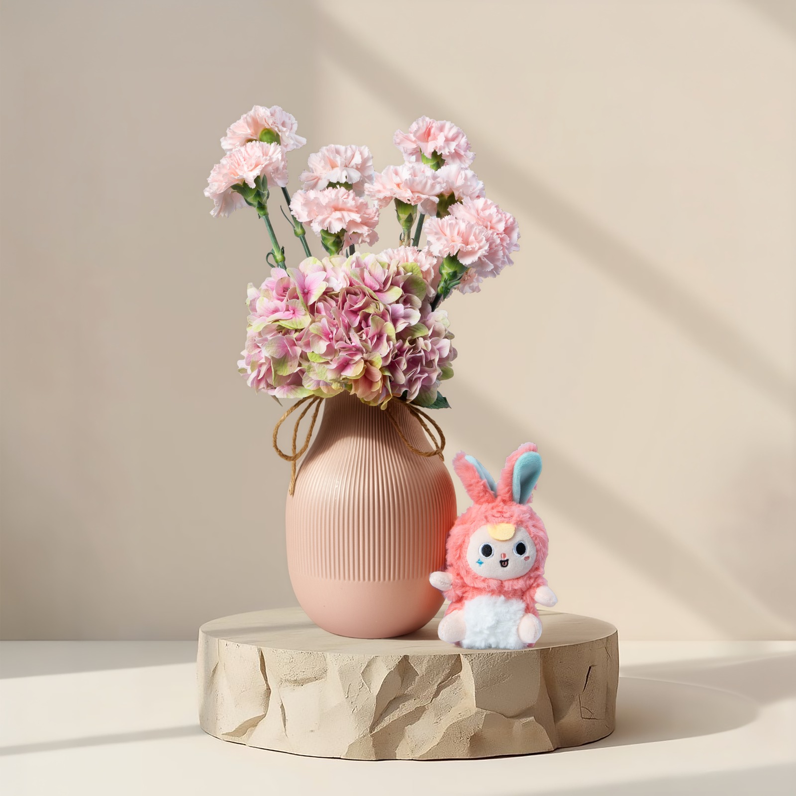 Pink Floral Vase Arrangement with Labubu Doll | Elegant Flower Gift
