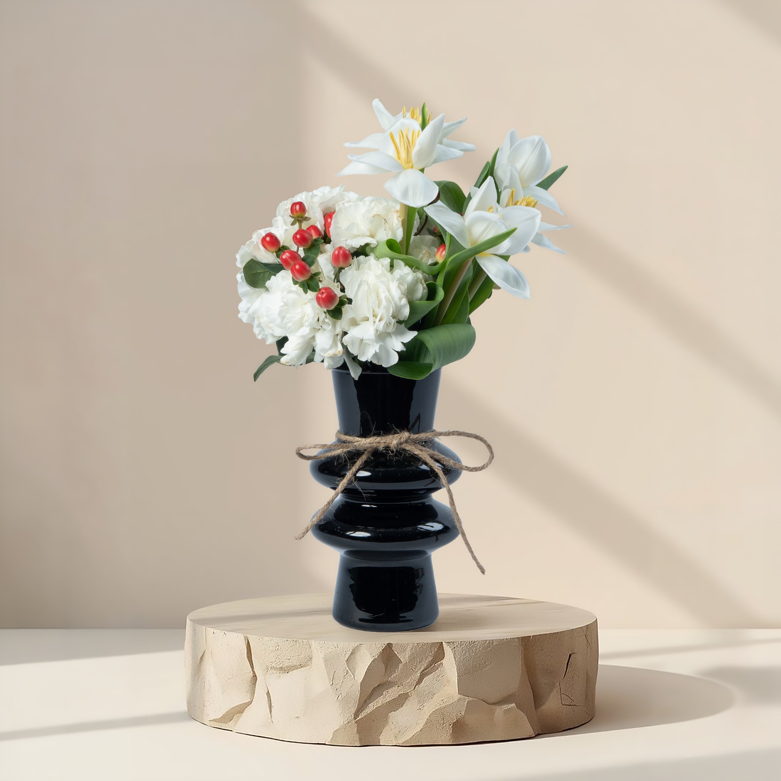 White Lily & Carnation Arrangement with Hypericum Berries in Elegant Black Vase | Luxury Floral Gift