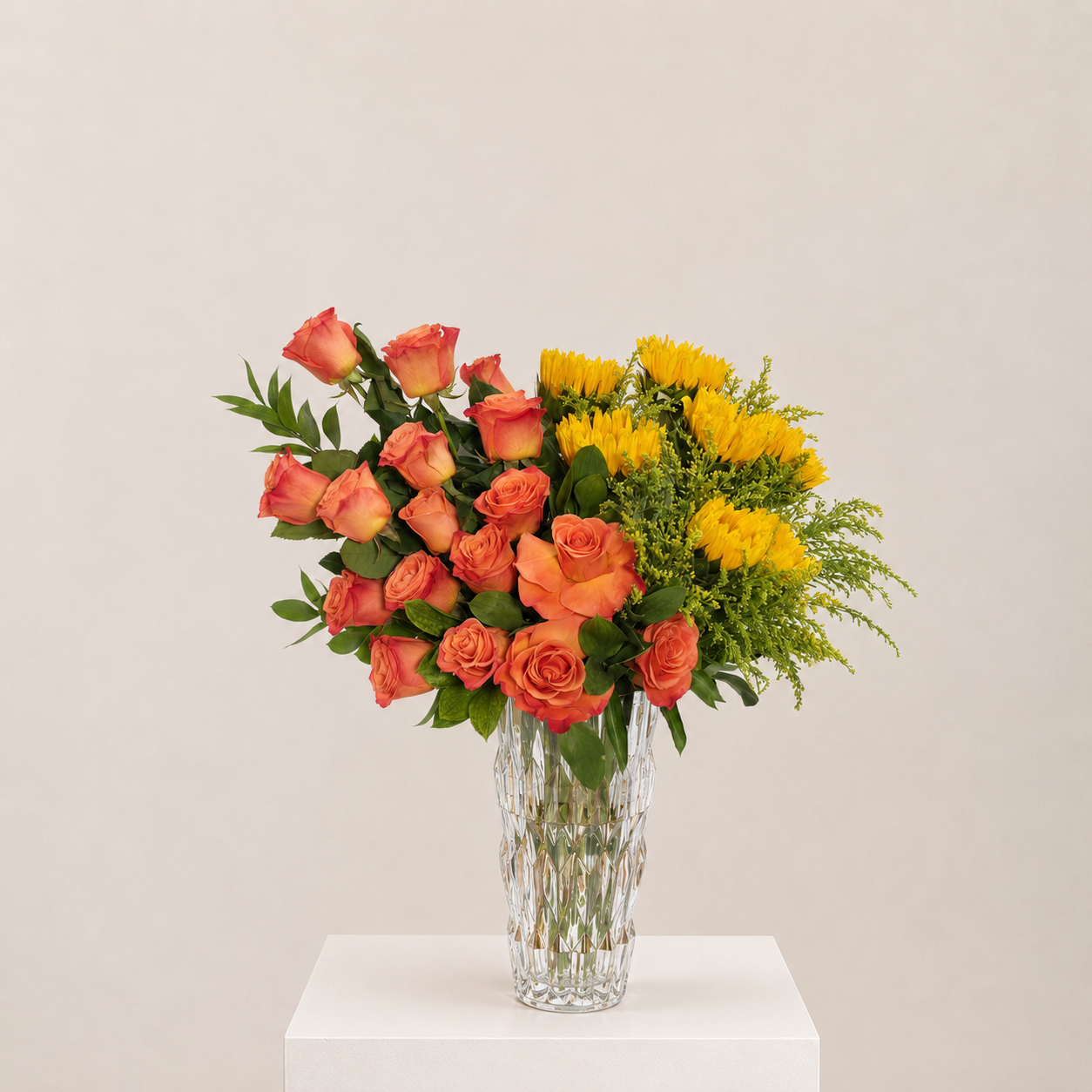 Luxury Orange Roses & Yellow Chrysanthemums Arrangement in Crystal Glass Vase | Fresh Flowers | Flori Mart Qatar 2