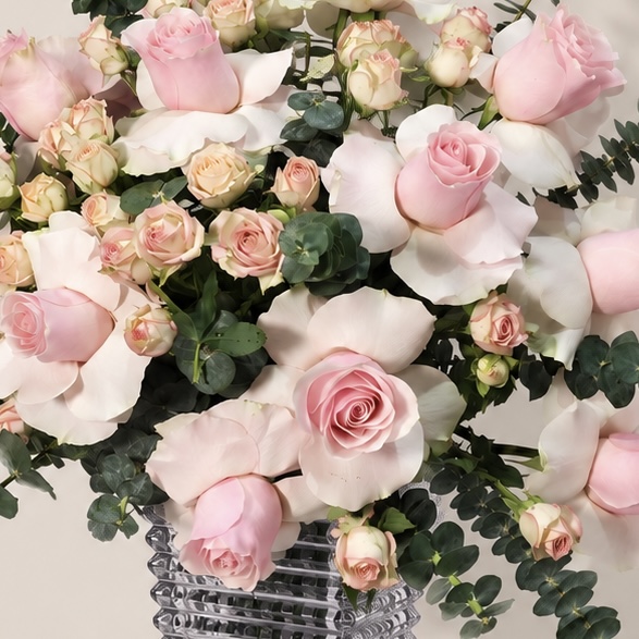 Pink Roses & Eucalyptus Arrangement in Square Glass Vase 5