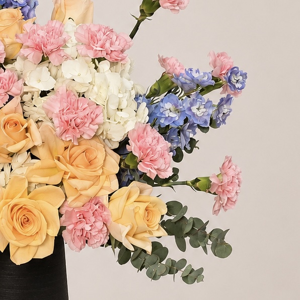 Luxury Mixed Flower Arrangement in Elegant Black Ceramic Vase | Roses, Hydrangea, Delphinium & Carnations | Flori Mart Qatar 3