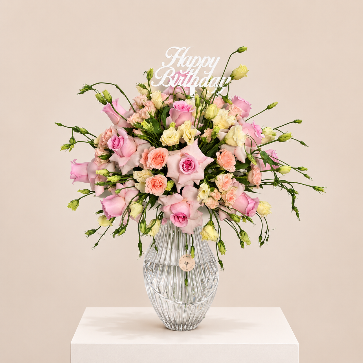 Pink Roses & Lisianthus Birthday Arrangement in Luxury Glass Vase 2