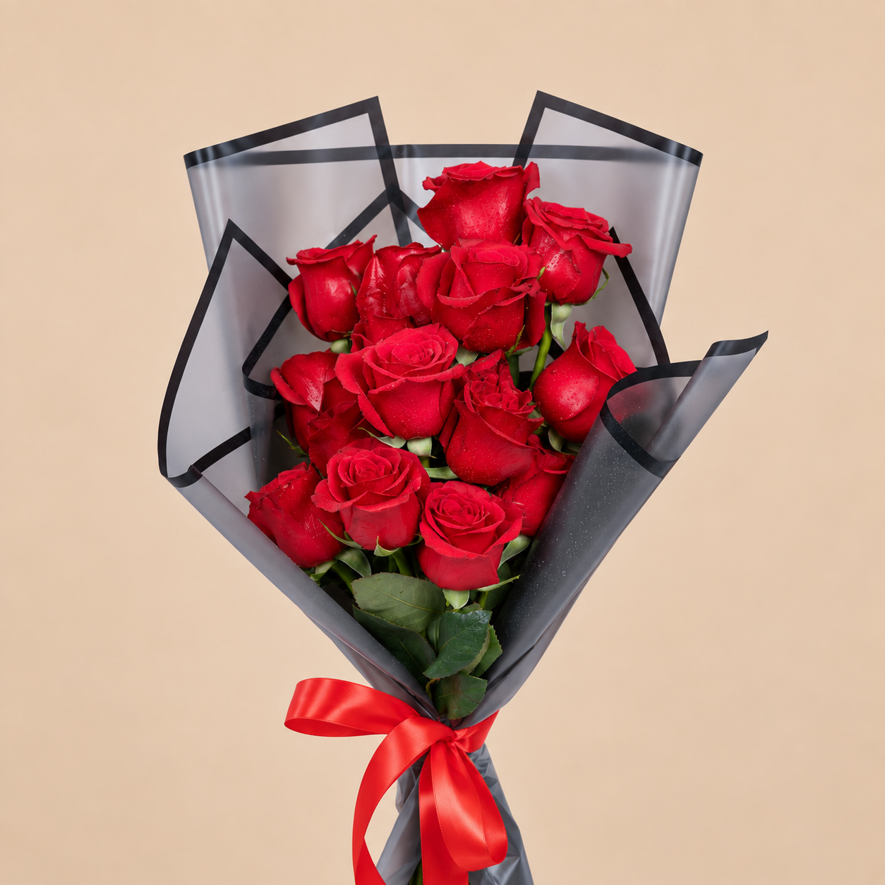Red Rose Bouquet with Black Wrap | 15 Roses 2
