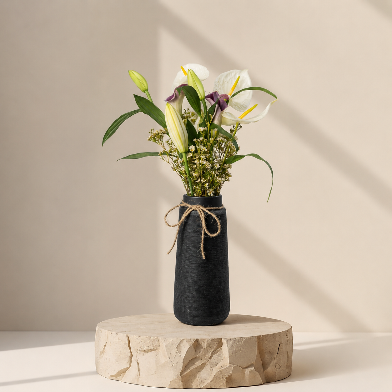 Luxury White Lily & Calla Lily Arrangement in Black Vase | Premium Floral Design | Flori Mart Qatar