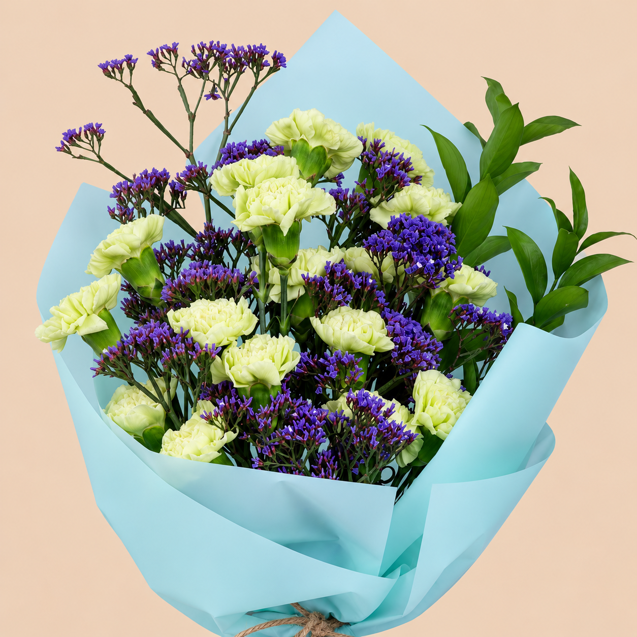 Carnation & Purple Statice Bouquet with Blue Wrap 3