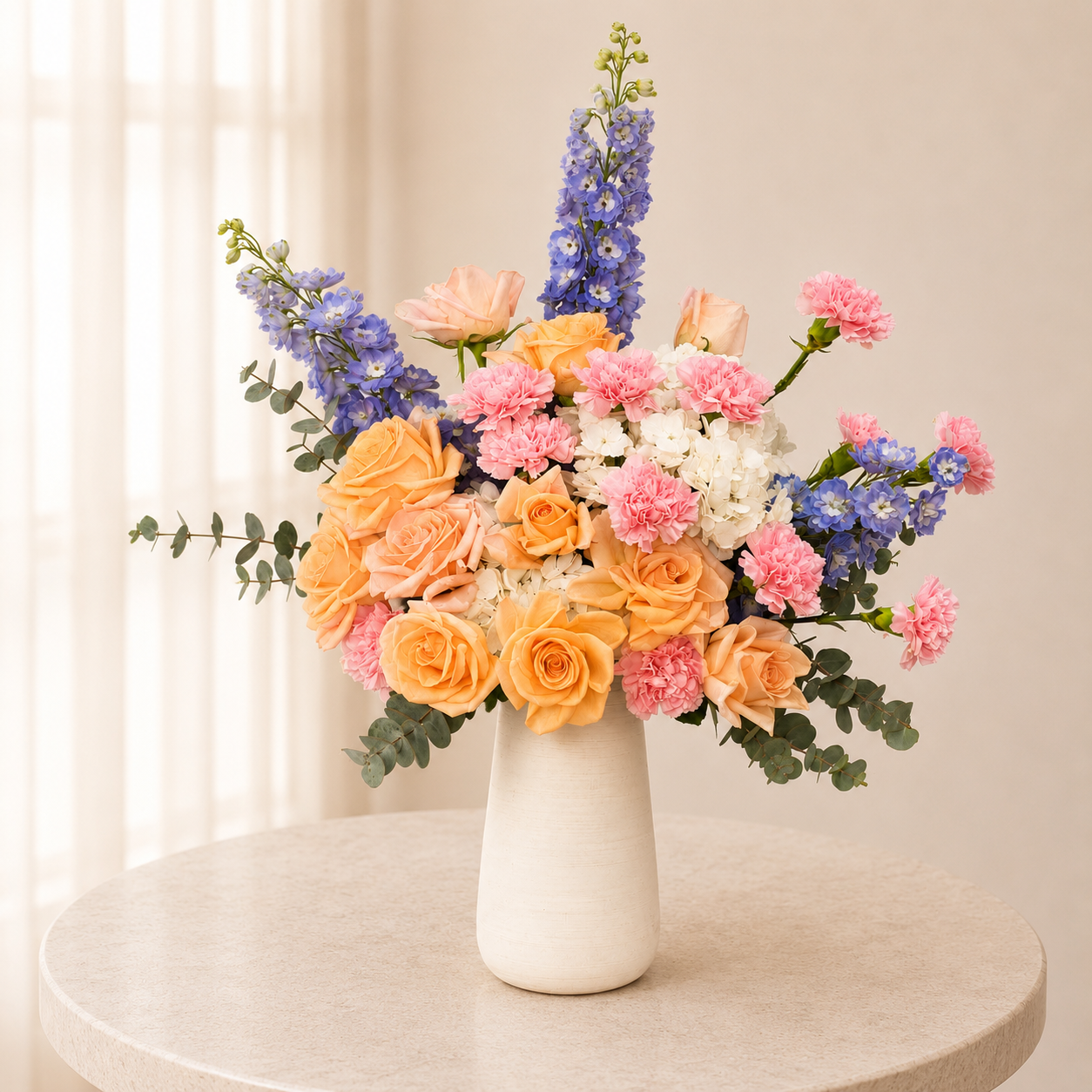 Luxury Mixed Flower Arrangement in White Ceramic Vase | Premium Fresh Flowers | Flori Mart Qatar