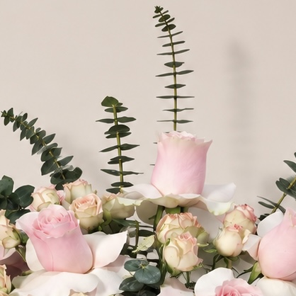Pink Roses & Eucalyptus Arrangement in Square Glass Vase 6