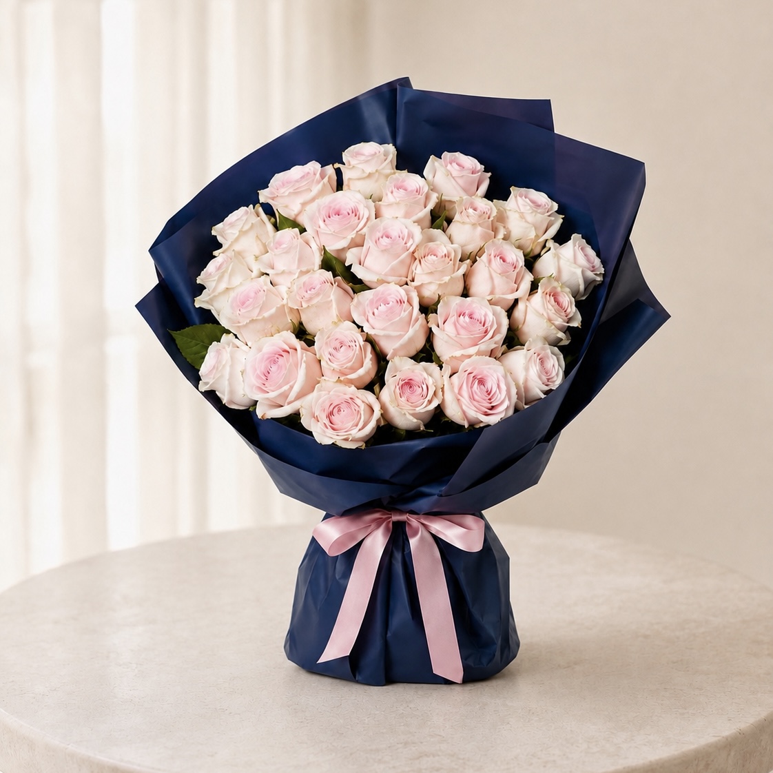 Luxury Medium Light Pink Rose Bouquet in Navy Wrapping | 25 Premium Roses 2