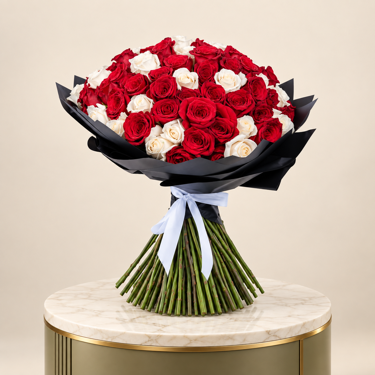 Red and White Rose Bouquet with Black Wrap | 100 Roses