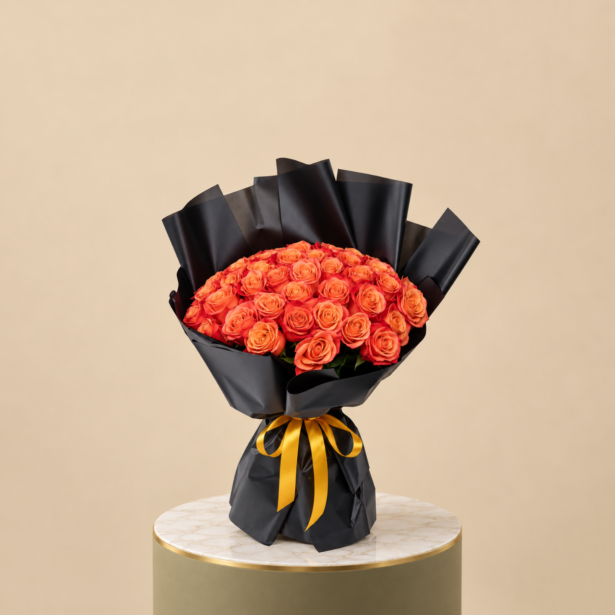 Orange Rose Bouquet with Black Wrap | 50 Roses