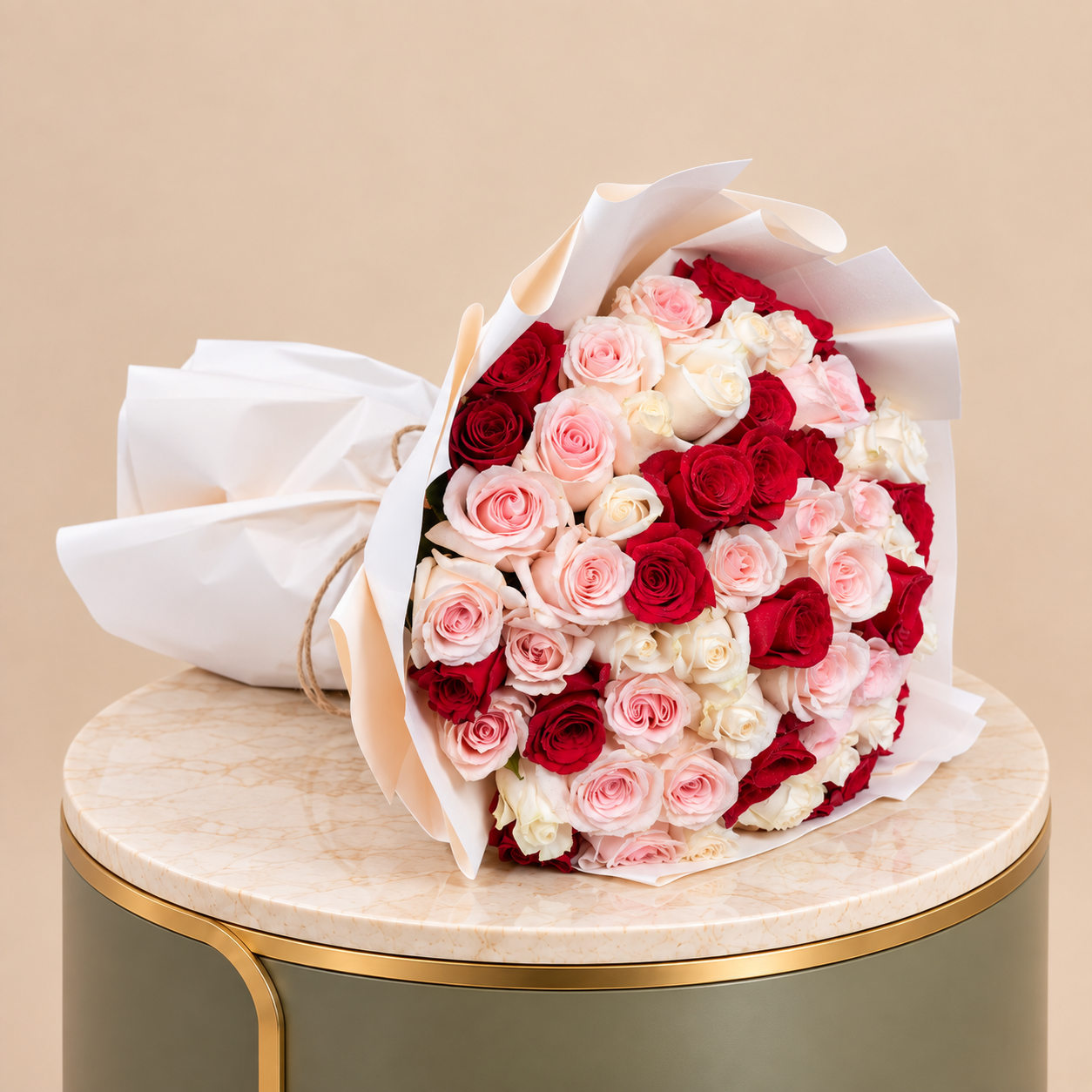 Red, Pink & White Rose Bouquet with White Wrap | 50 Roses 2