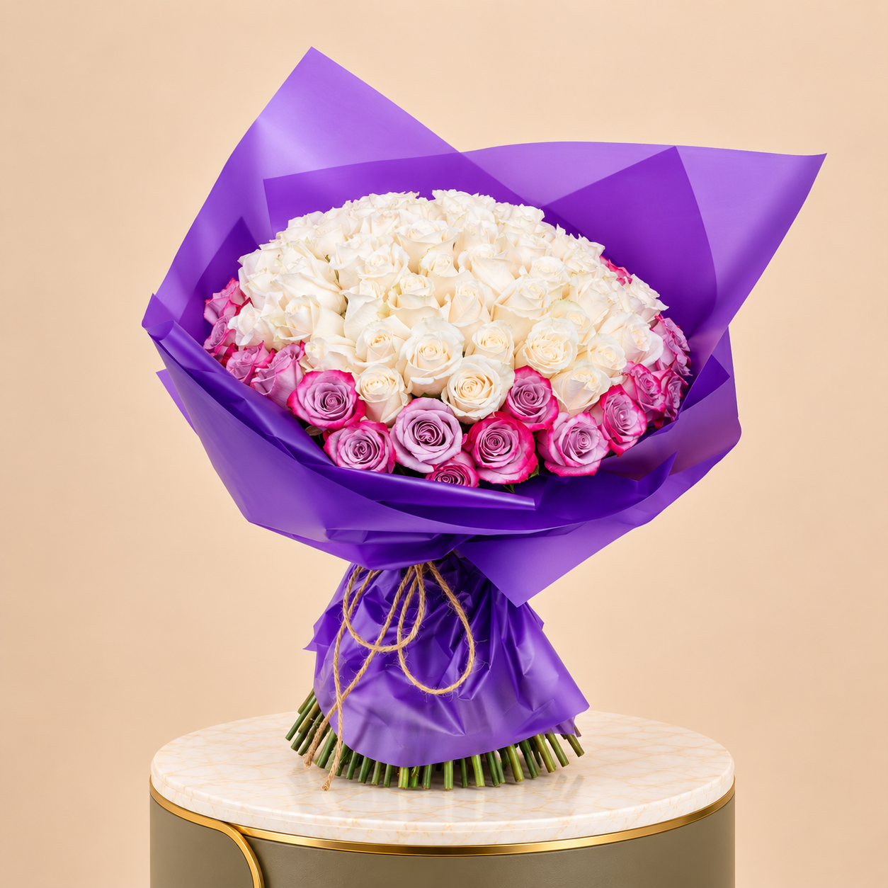 White & Pink Rose Bouquet with Purple Wrap | 100 Roses