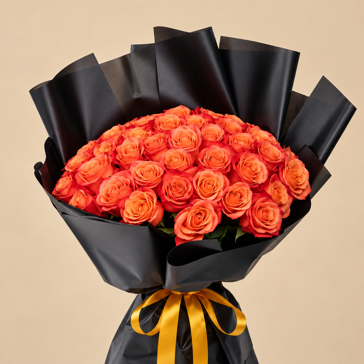 Orange Rose Bouquet with Black Wrap | 50 Roses 3