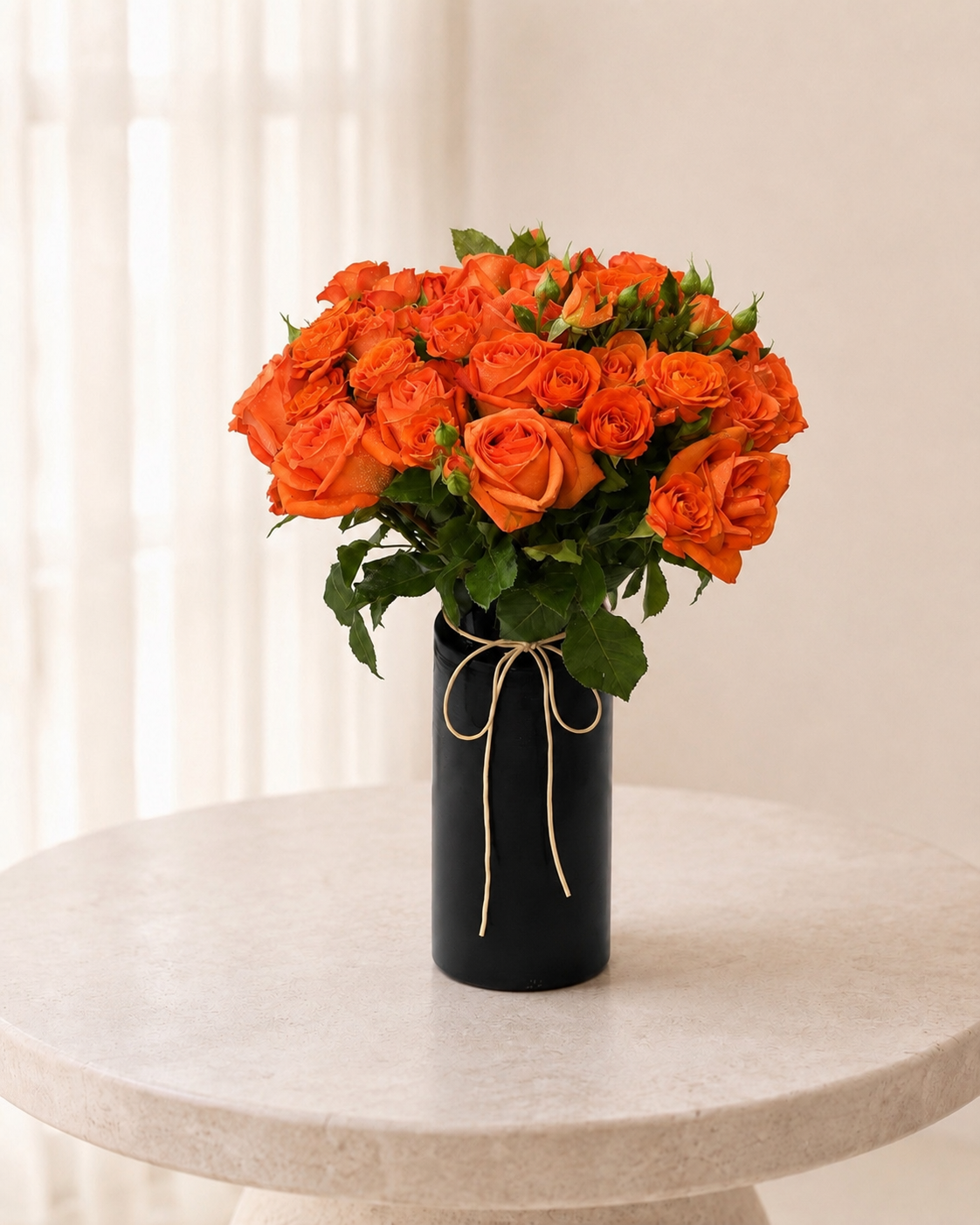 Luxury Orange Spray Rose Arrangement | Fresh Spray Roses in Elegant Black Ceramic Vase | Flori Mart Qatar