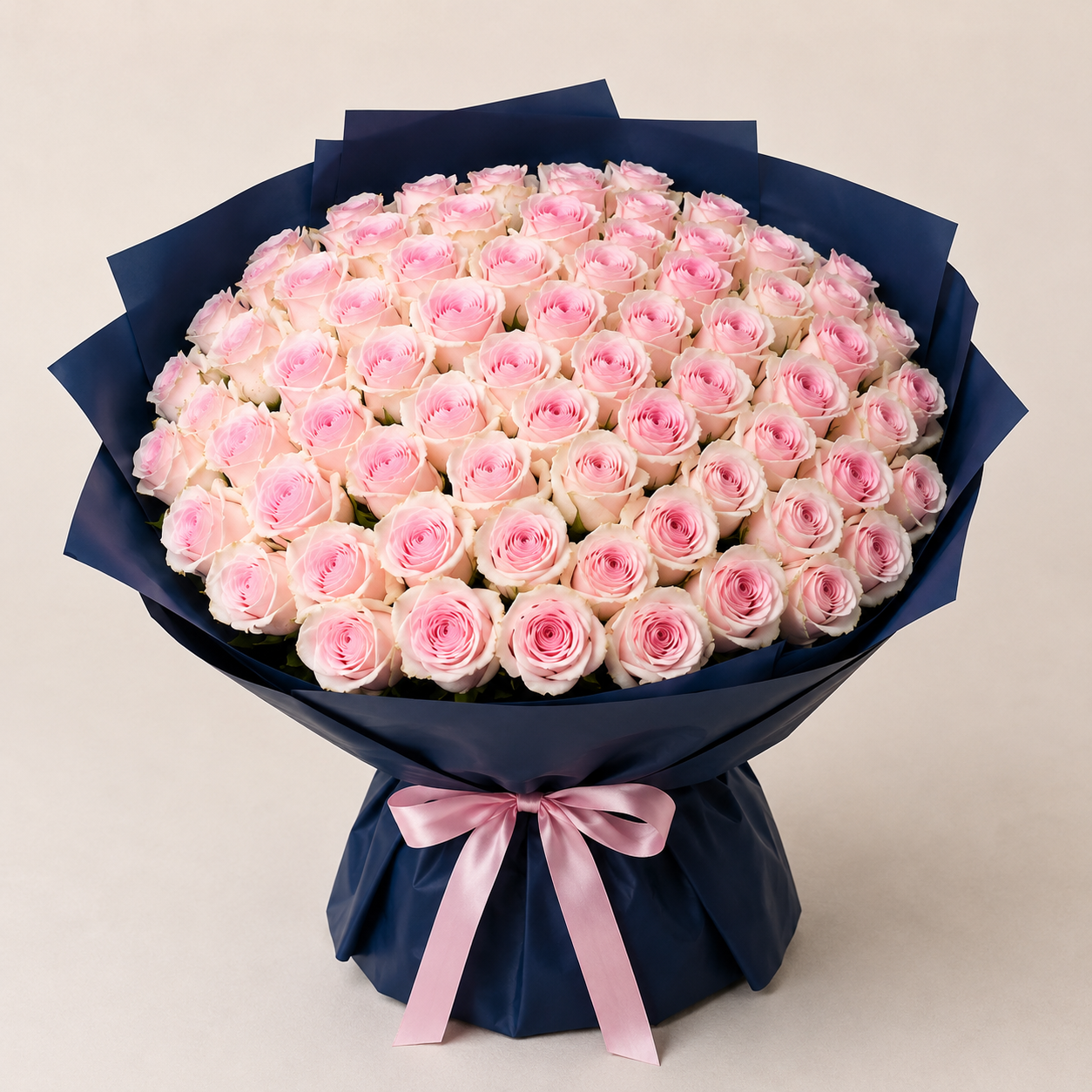 Luxury Large Light Pink Rose Bouquet in Navy Wrapping | 50 Premium Roses 6