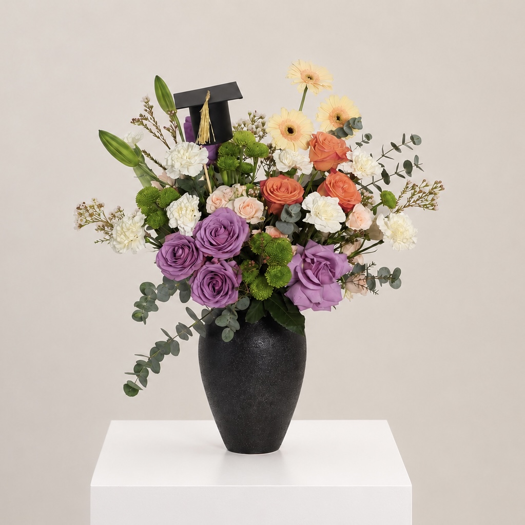 Luxury Graduation Flowers in Black Vase – Purple & Orange Roses 2