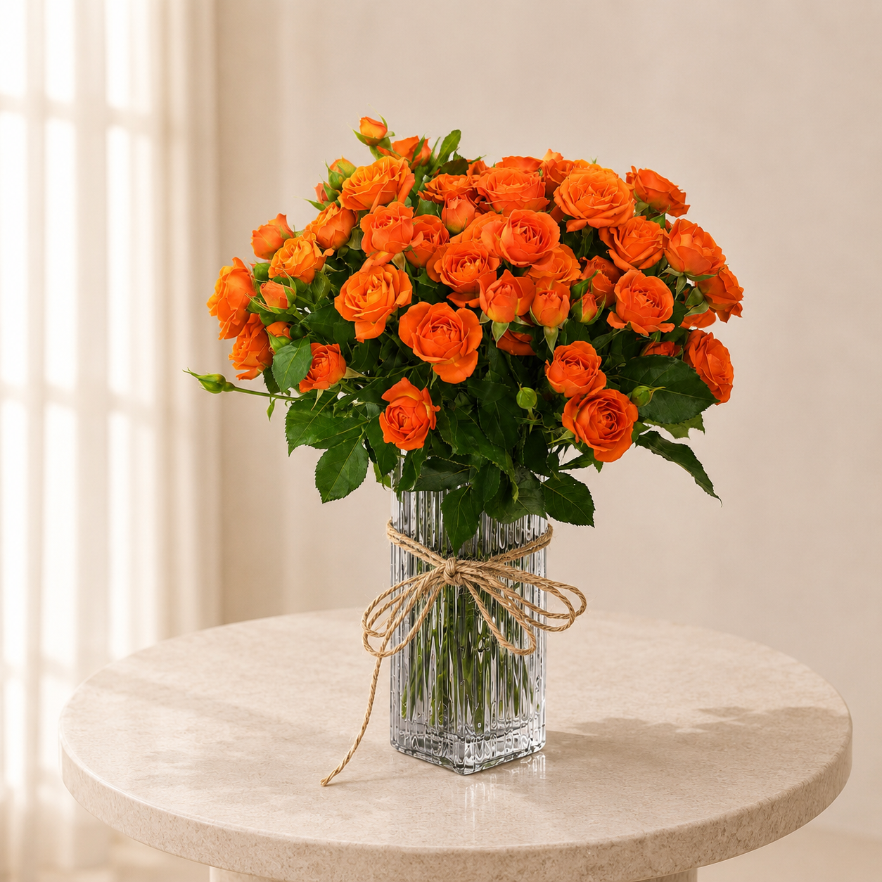 Luxury Orange Spray Roses Arrangement in Elegant Heart-Shaped Ribbed Glass Vase | Flori Mart Qatar