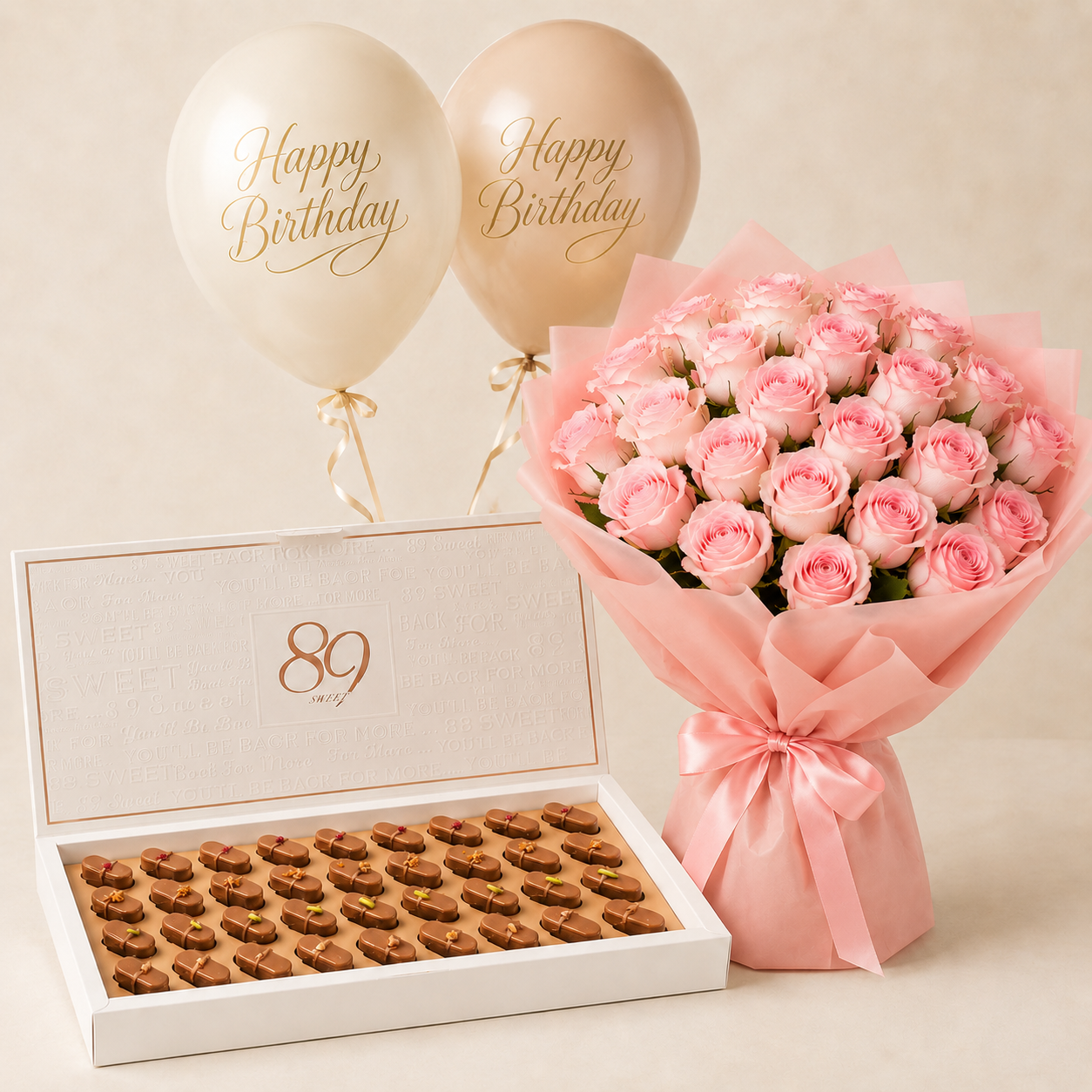Pink Natural Rose Bouquet with Medium New Mix Chocolate Box & Helium Birthday Balloons