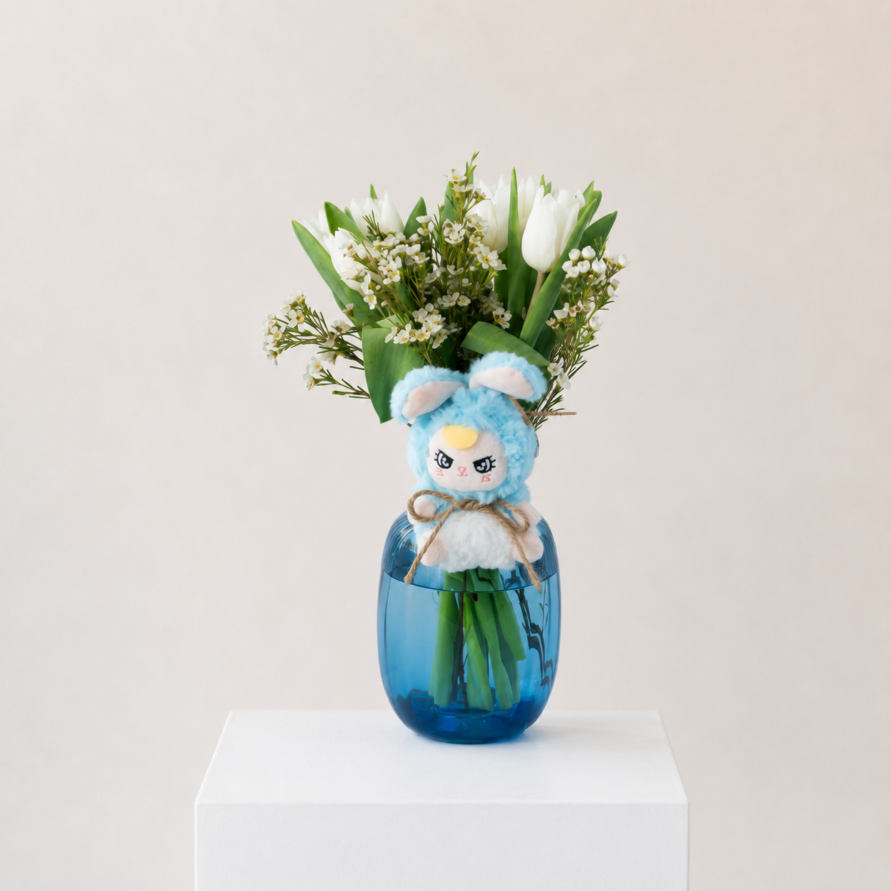 White Tulip Arrangement with Baby Three Lily Rabbit Town V3 Plush in Blue Glass Vase | Elegant Gift Arrangement