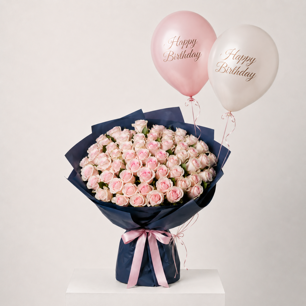 Luxury Light Pink Rose Birthday Bouquet with Navy Wrapping & Helium Balloons