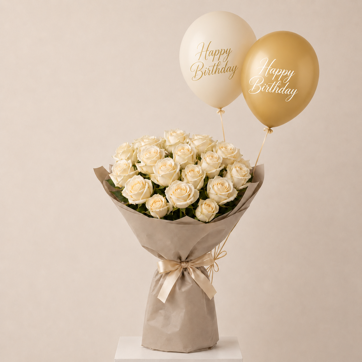 Luxury White Rose Bouquet with Gold Helium Birthday Balloons – Elegant Flower Gift