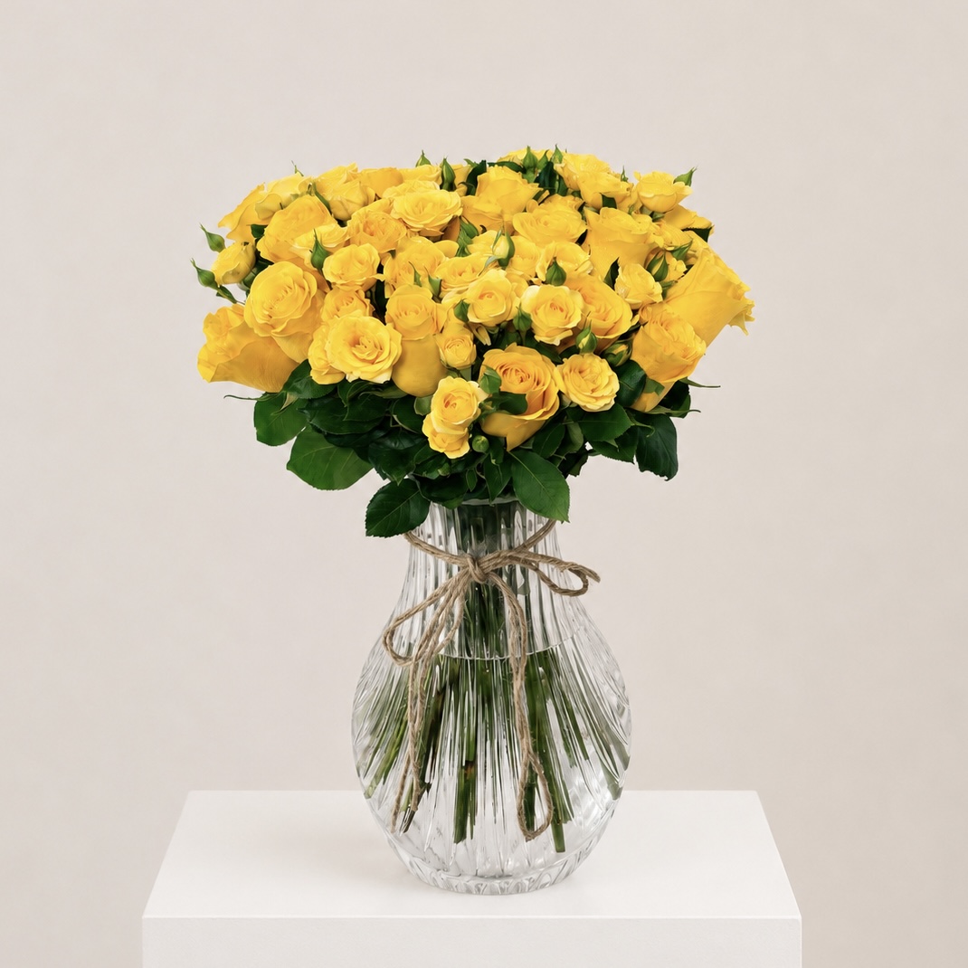 Luxury Yellow Rose Arrangement in Elegant Crystal Glass Vase | Premium Fresh Roses | Flori Mart Qatar 2