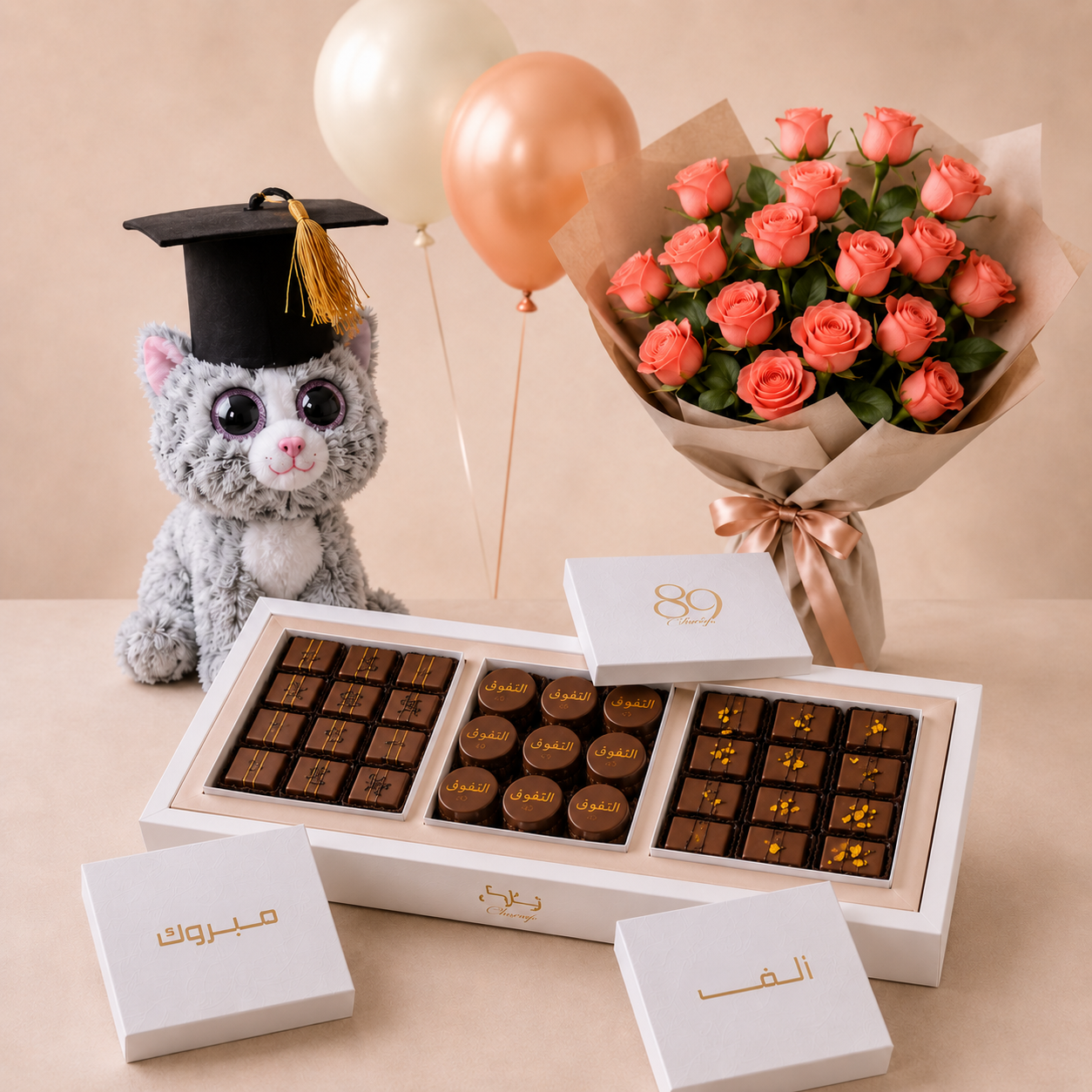 Luxury Peach Rose Bouquet with Congratulations Chocolate Box & Ty Kiki Grey Cat