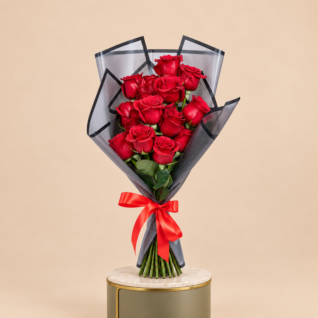 Red Rose Bouquet with Black Wrap | 15 Roses