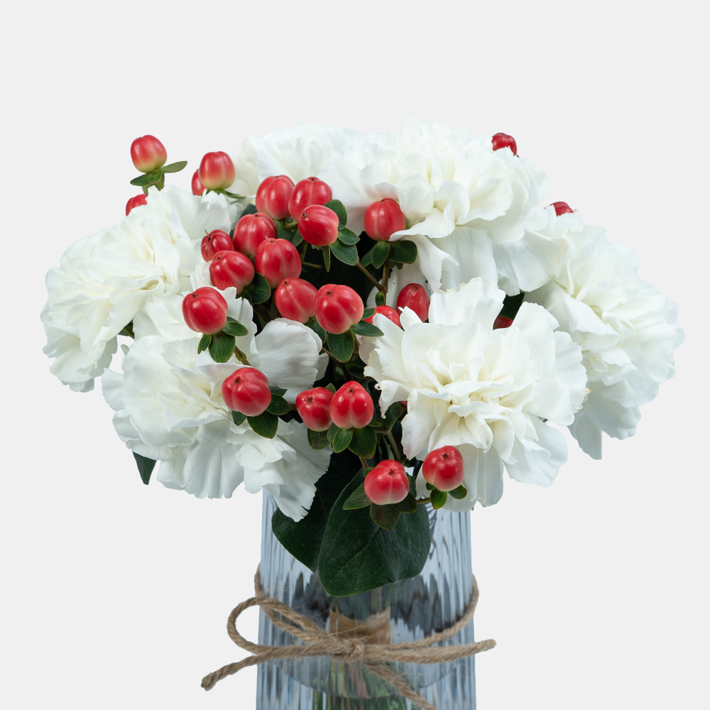 Luxury White Carnation Arrangement with Red Hypericum Berries in Elegant Glass Vase 2
