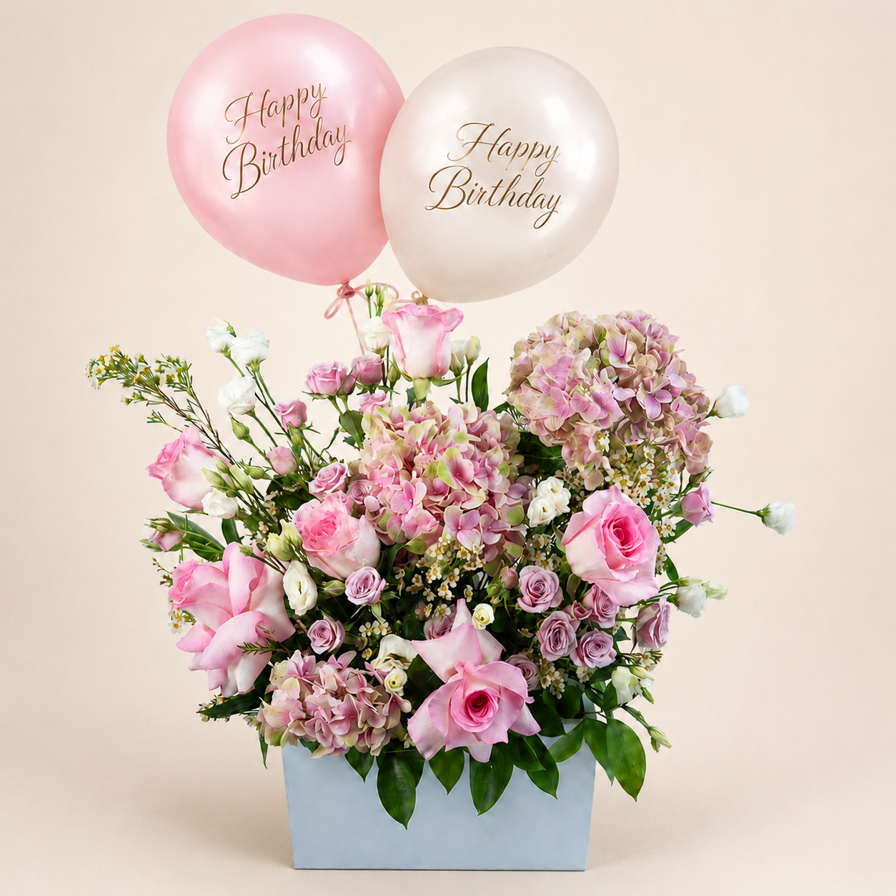 Luxury Pink Floral Arrangement with Helium Birthday Balloons – Elegant Birthday Flower Gift
