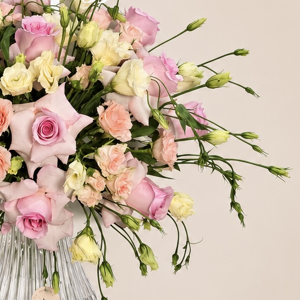 Pink Roses & Lisianthus Birthday Arrangement in Luxury Glass Vase 6