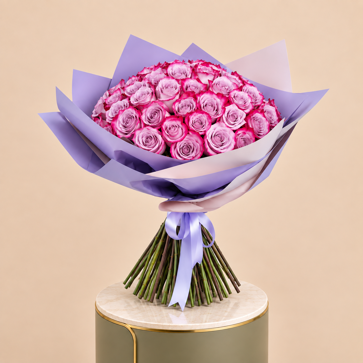 Pink Rose Bouquet with Lilac Wrap | 100 Roses