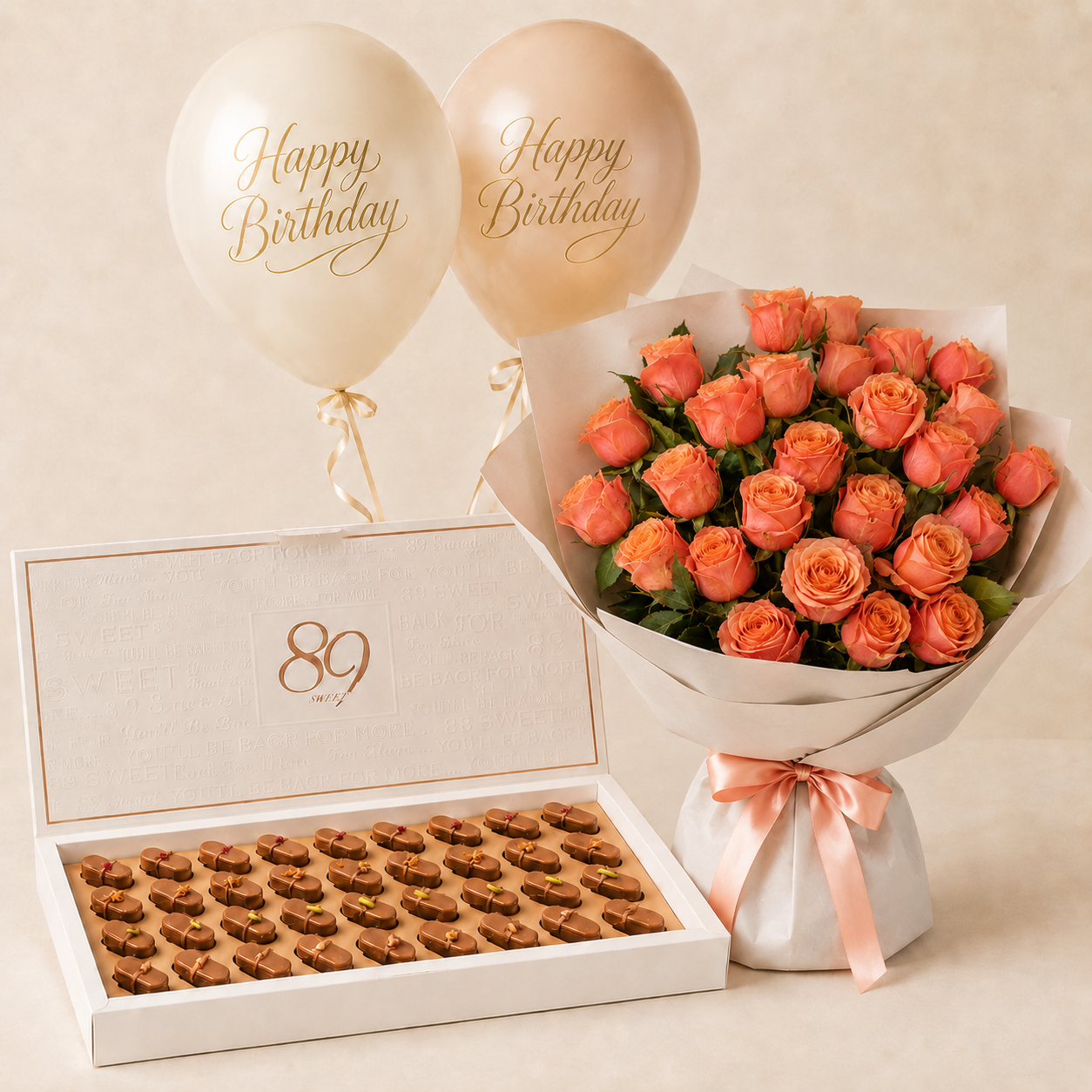 Peach Natural Rose Bouquet with Medium New Mix Chocolate Box & Helium Birthday Balloons
