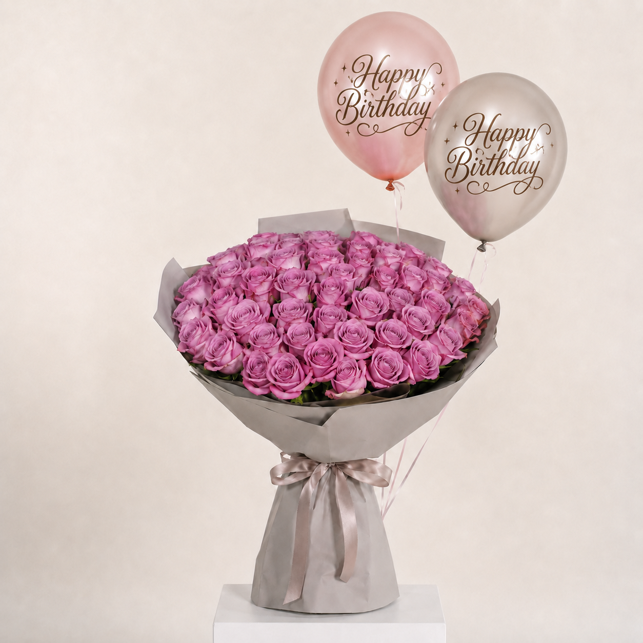 Luxury Pink Rose Bouquet with Helium Birthday Balloons – Elegant Birthday Flower Gift