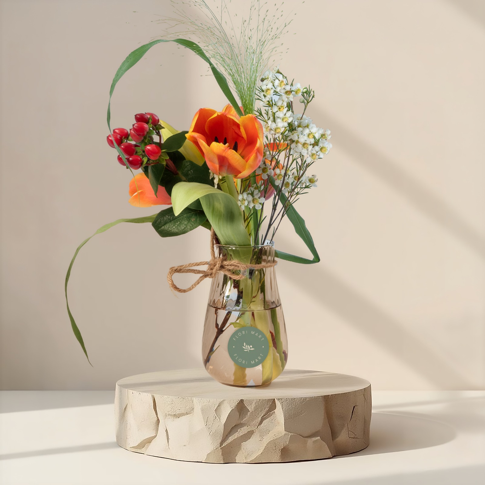 Orange Tulip & Calla Lily Arrangement with Wax Flowers in Glass Vase | Elegant Floral Gift