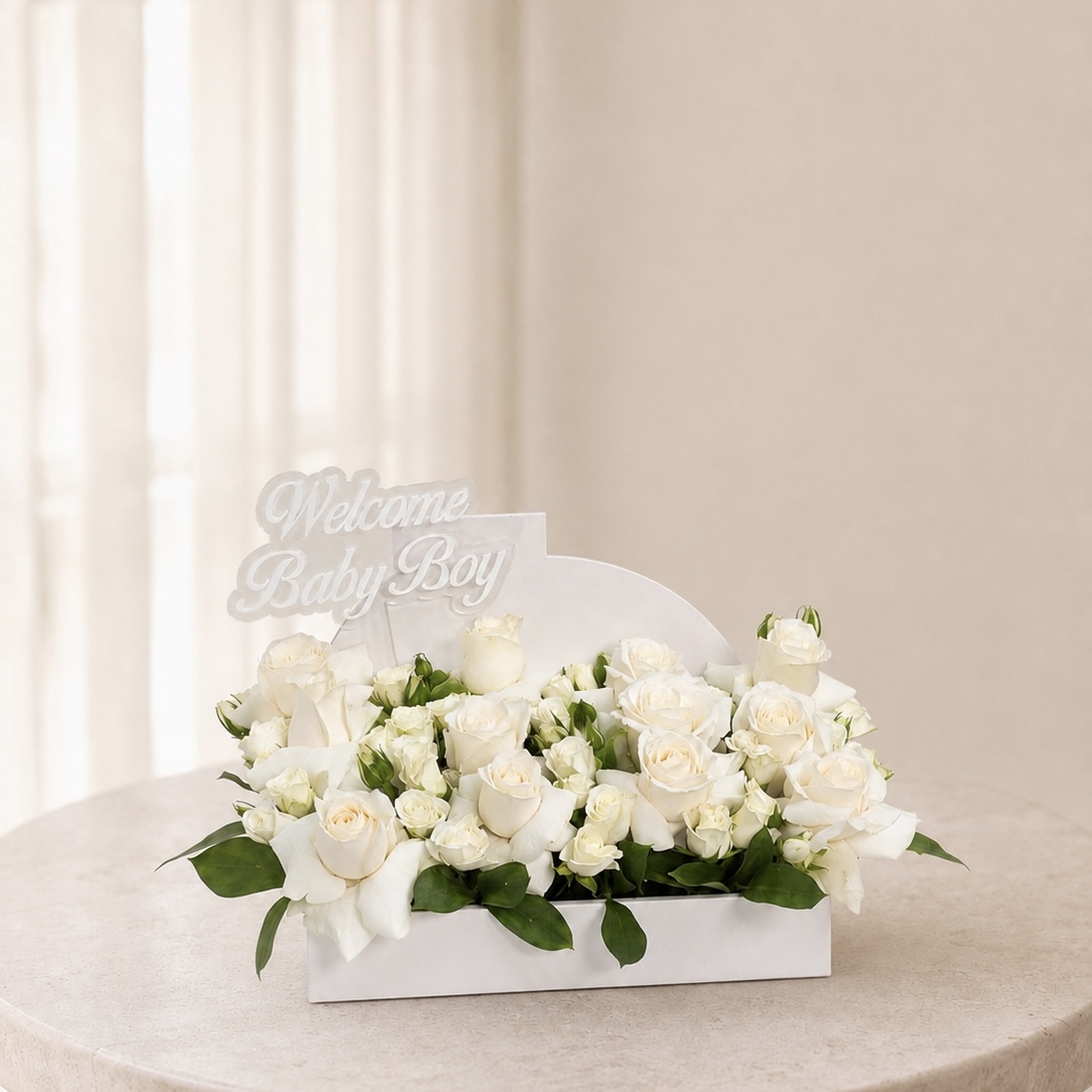 Welcome Baby Boy White Roses Box – Elegant Newborn Flower Arrangement