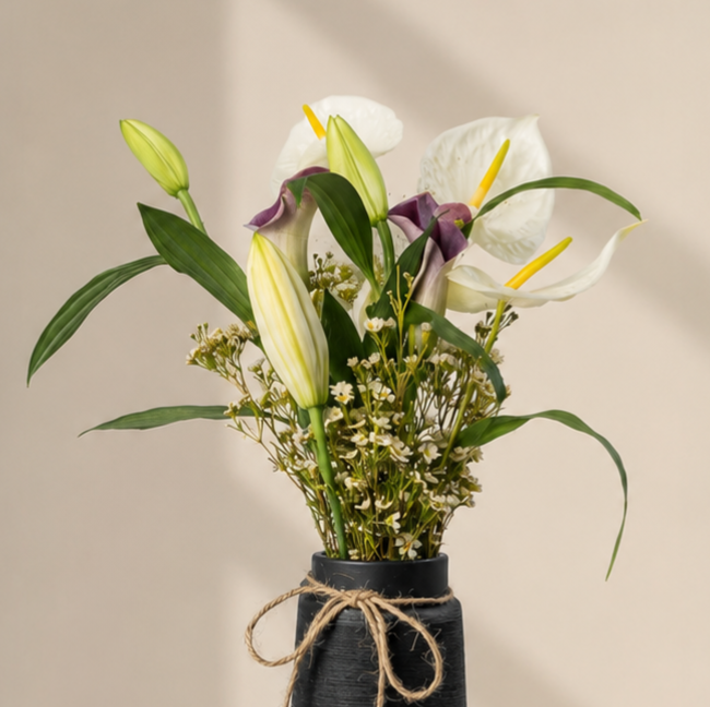 Luxury White Lily & Calla Lily Arrangement in Black Vase | Premium Floral Design | Flori Mart Qatar 2