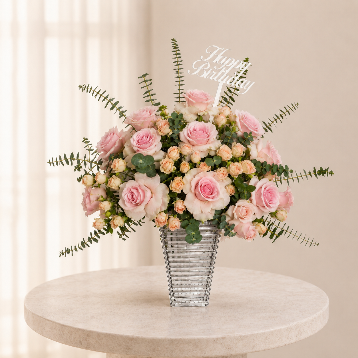 Pink Roses Birthday Arrangement in Glass Vase – Happy Birthday Flowers