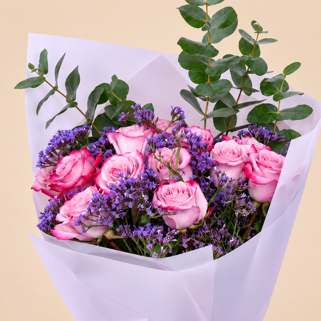 Pink Rose Bouquet with Purple Statice & Eucalyptus | 15 Roses SEO Title – Arabic 4