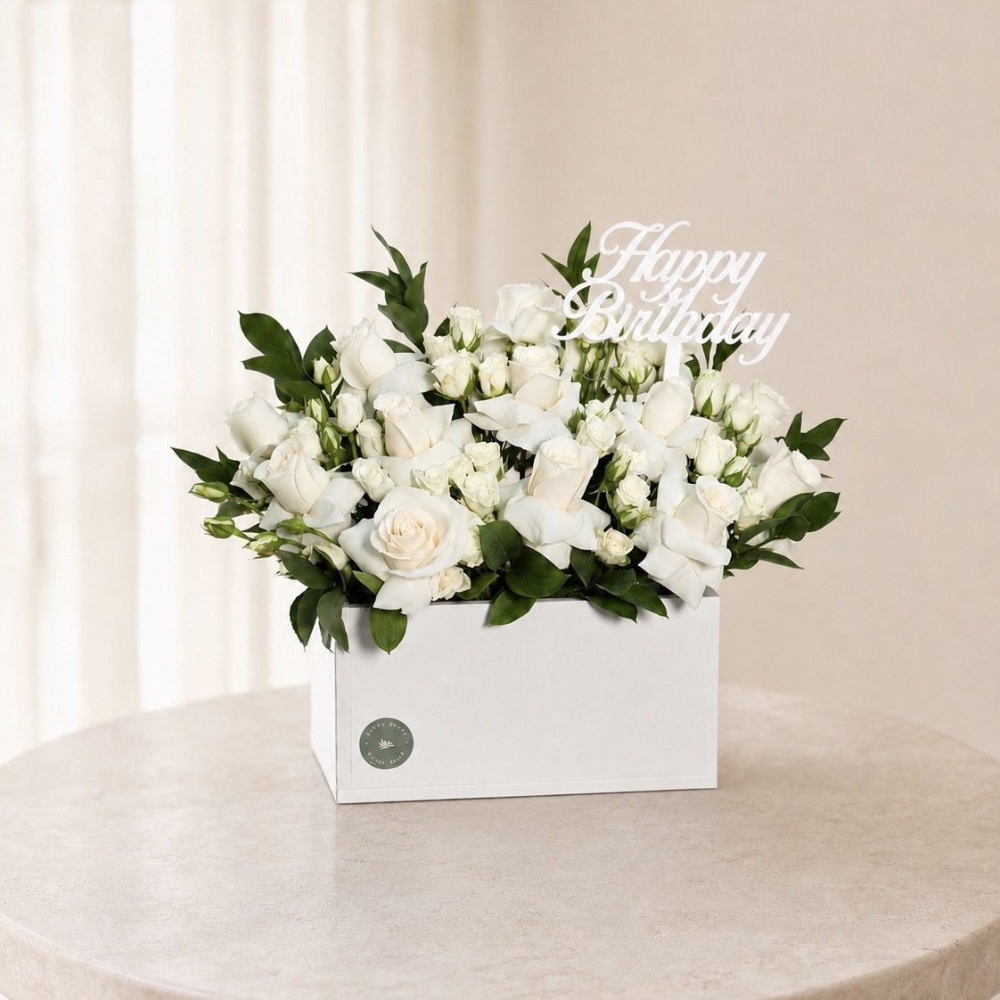Luxury Happy Birthday White Roses in Elegant White Box
