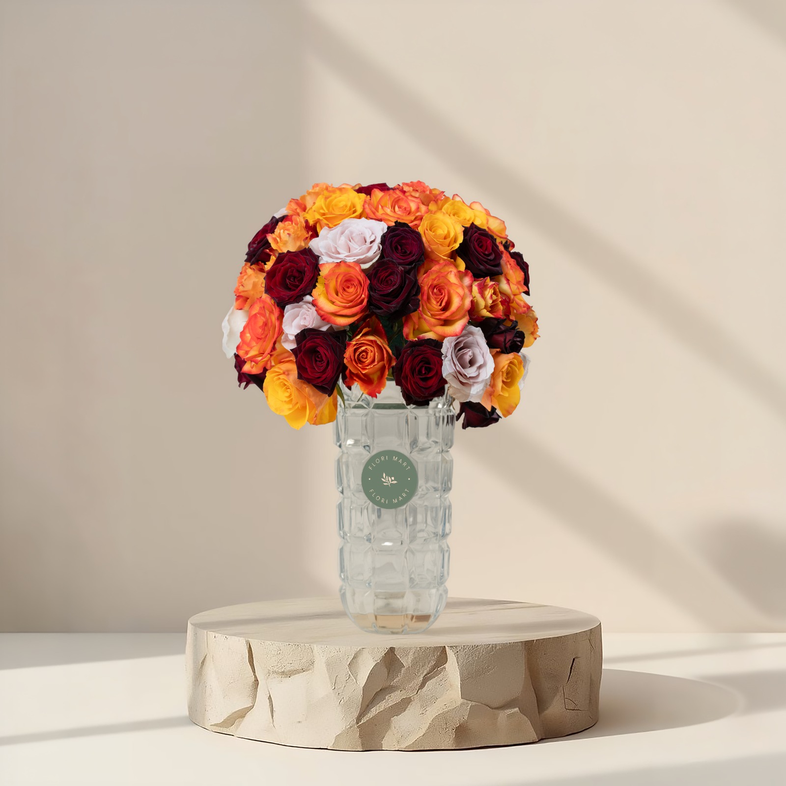 Sunset Symphony Rose Arrangement in Glass Vase | Luxury Mixed Roses | Flori Mart Qatar